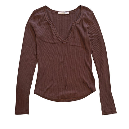 Brown Ribbed Long Sleeve V-Neck Top