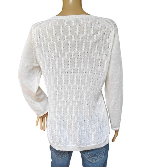 White Open-Knit V-Neck Sweater