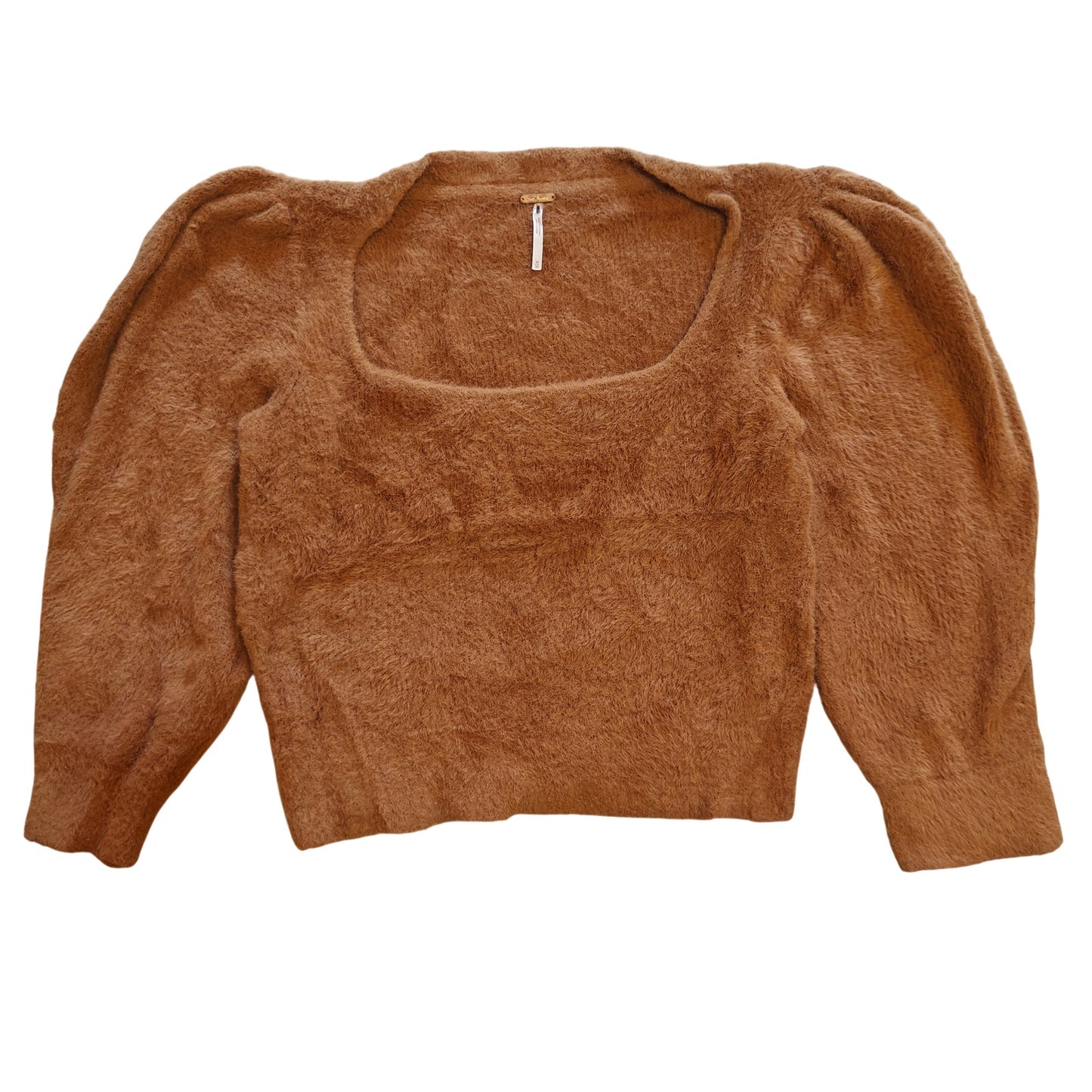 Camel Fuzzy Knit Puff Sleeve Square Neck Sweater