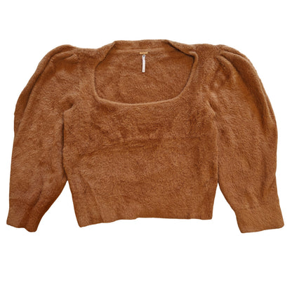 Camel Fuzzy Knit Puff Sleeve Square Neck Sweater