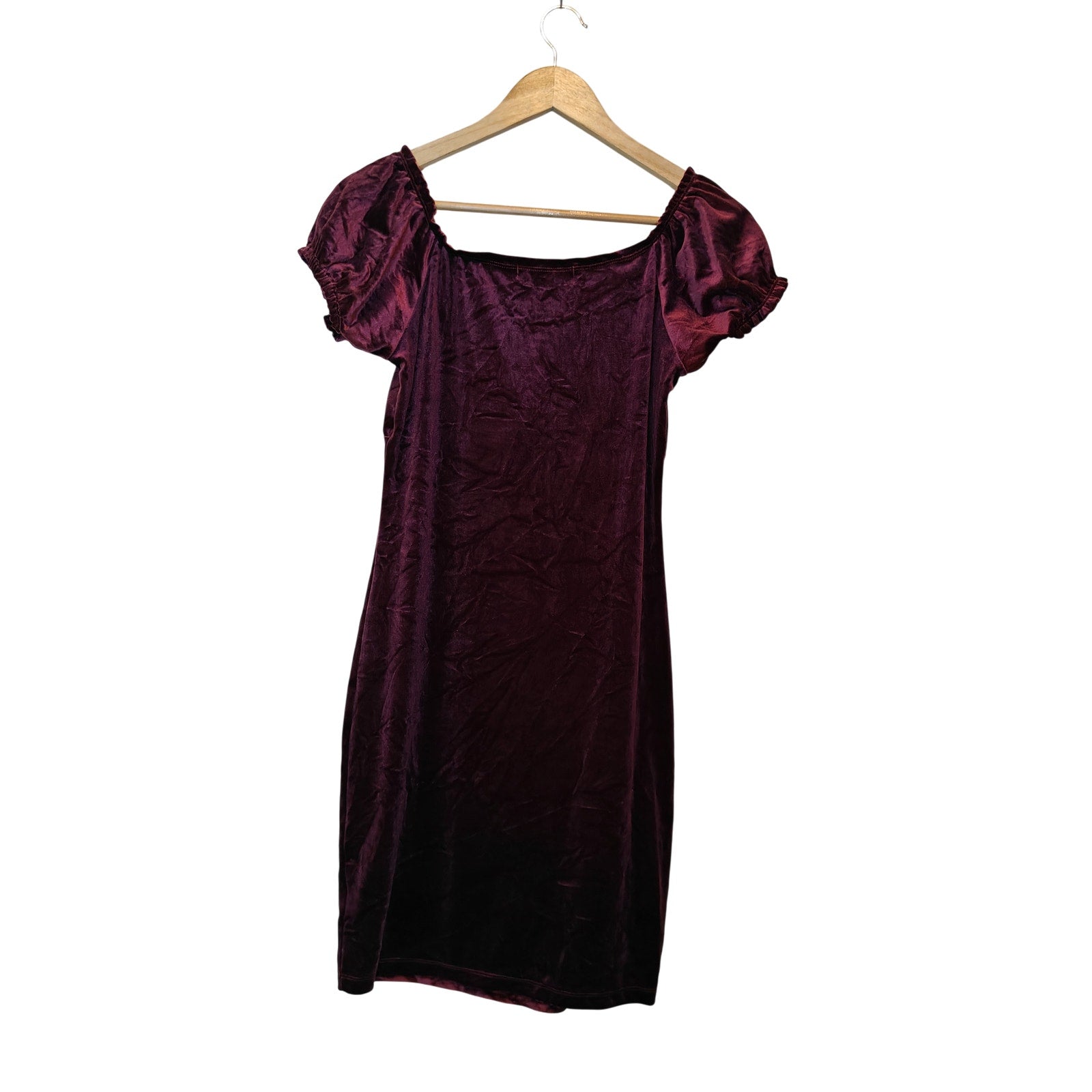 Burgundy Velvet Empire Waist Dress with Puff Sleeve