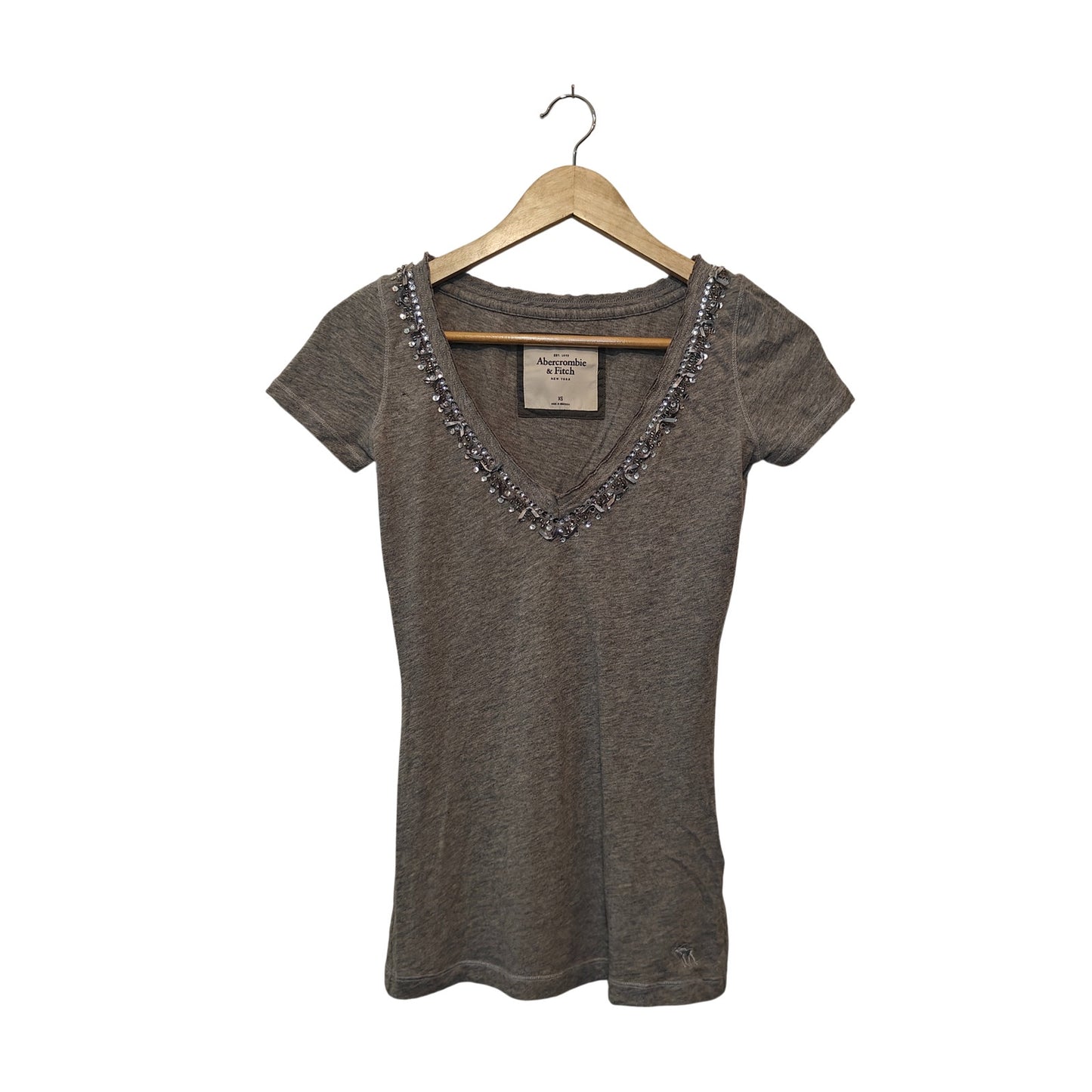 Gray Beaded V-Neck Embellished Tee