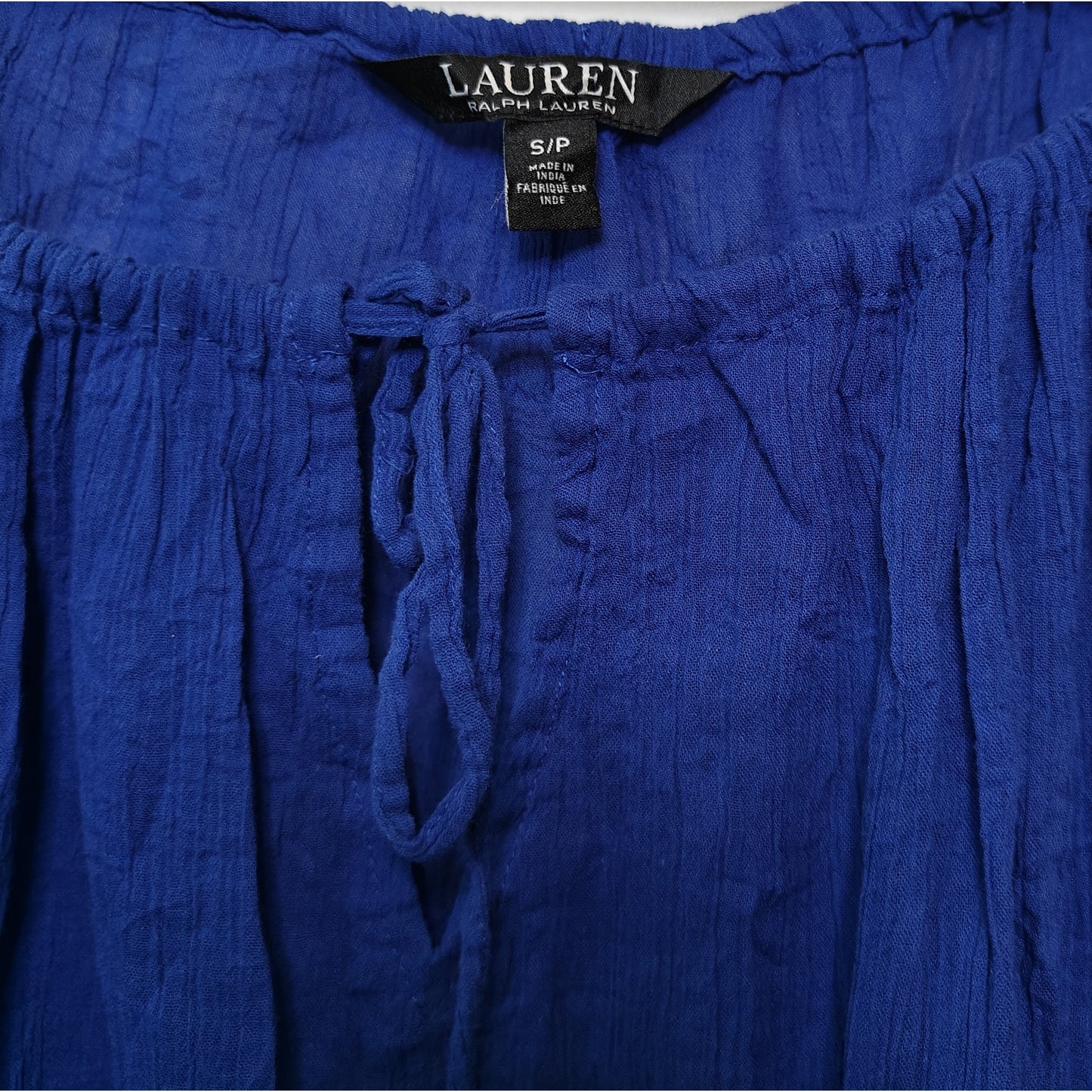 Blue Peasant Blouse Tie Neck Top