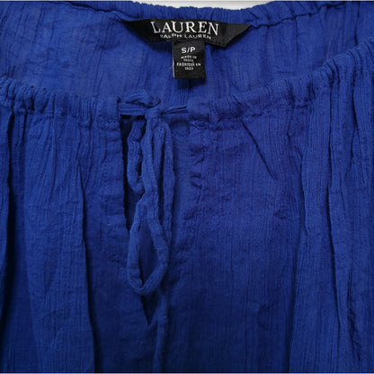 Blue Peasant Blouse Tie Neck Top