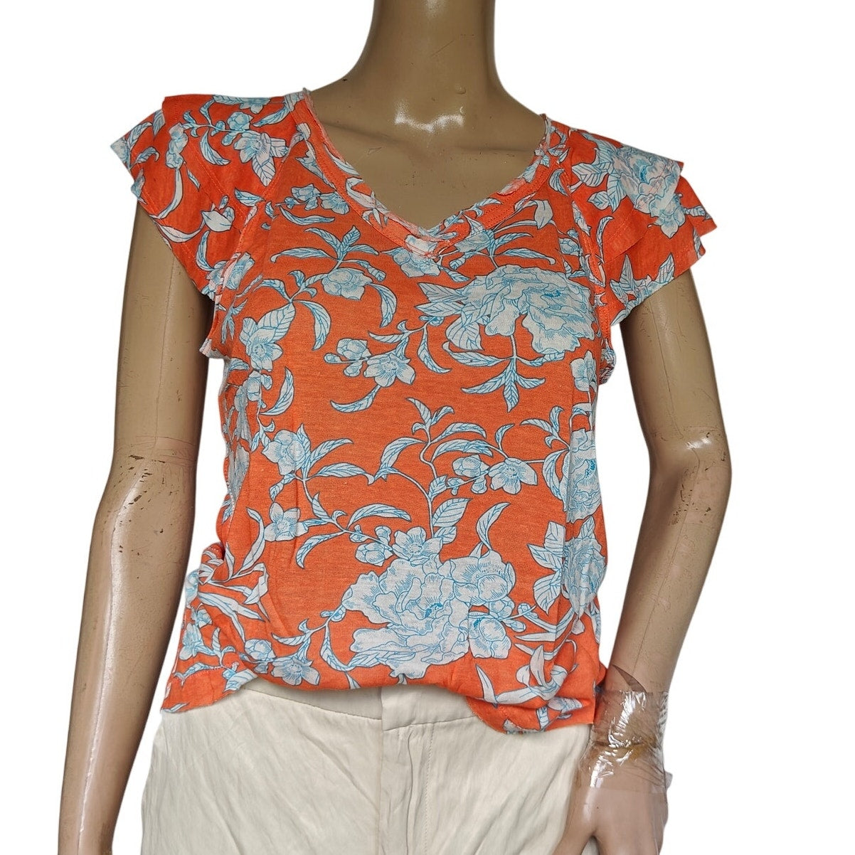 Orange and Blue Floral V-Neck Blouse