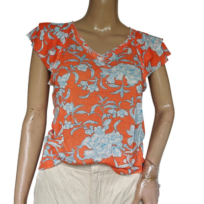 Orange and Blue Floral V-Neck Blouse