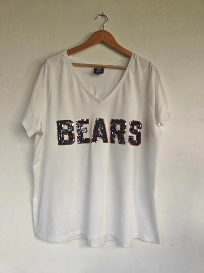 White Sequin Chicago Bears V-Neck Tee