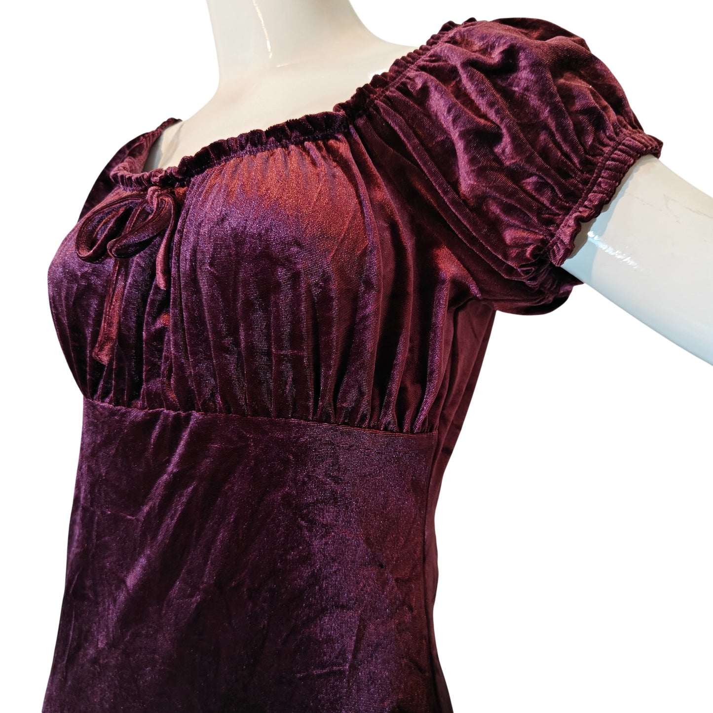 Burgundy Velvet Empire Waist Dress with Puff Sleeve