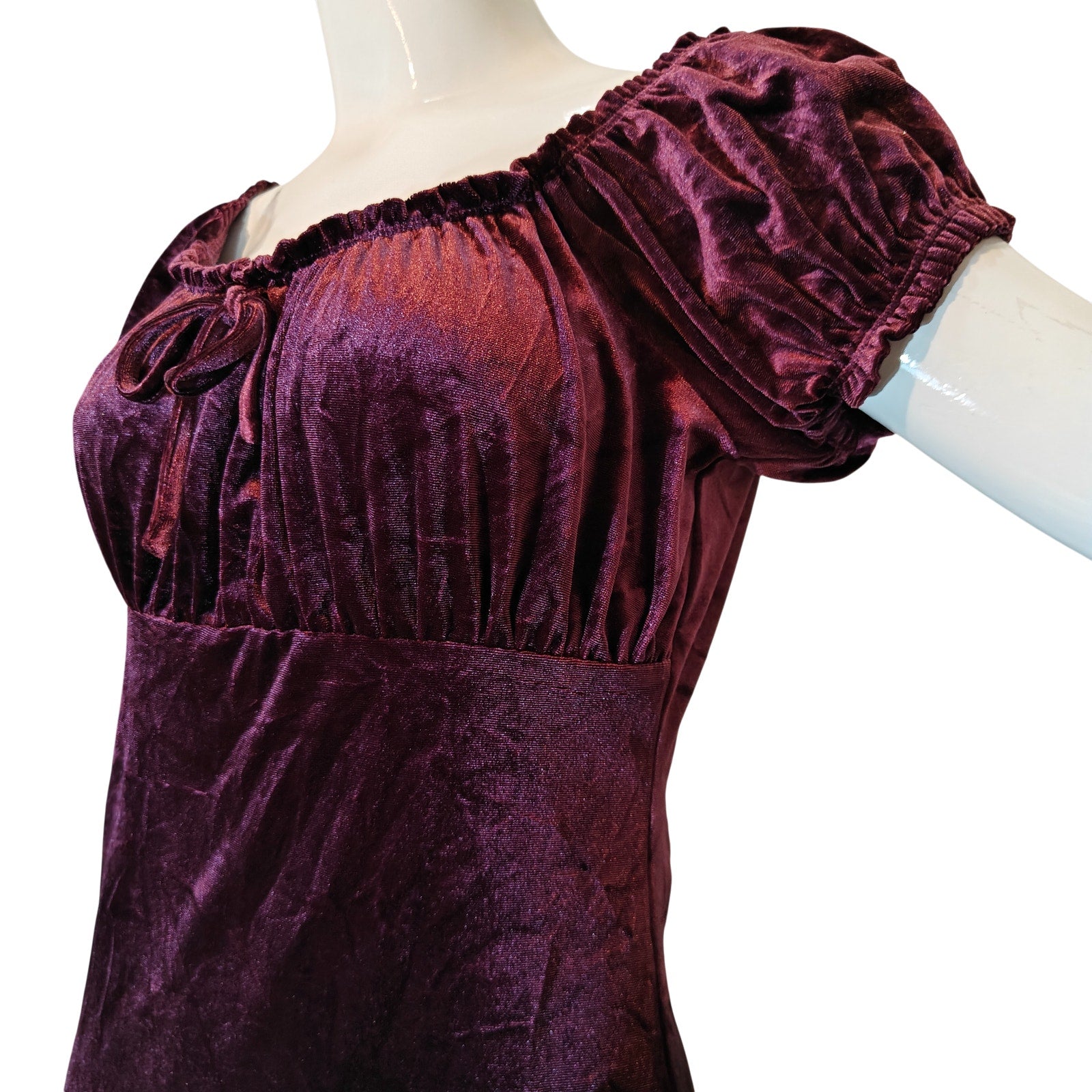 Burgundy Velvet Empire Waist Dress with Puff Sleeve
