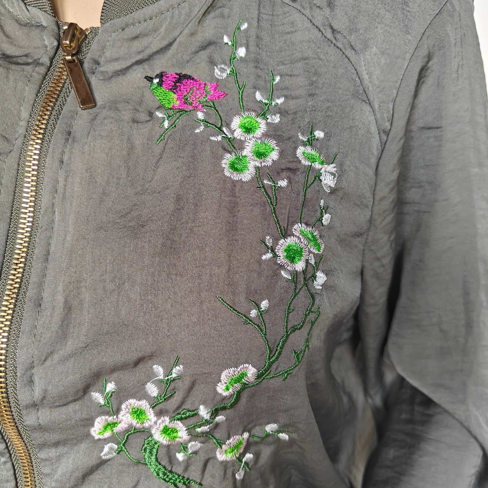 Army Green Janina Floral Embroidered Bomber Jacket