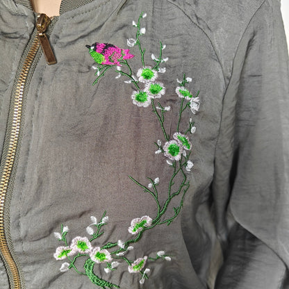 Army Green Janina Floral Embroidered Bomber Jacket
