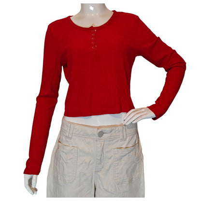 Red Ribbed Long Sleeve Henley