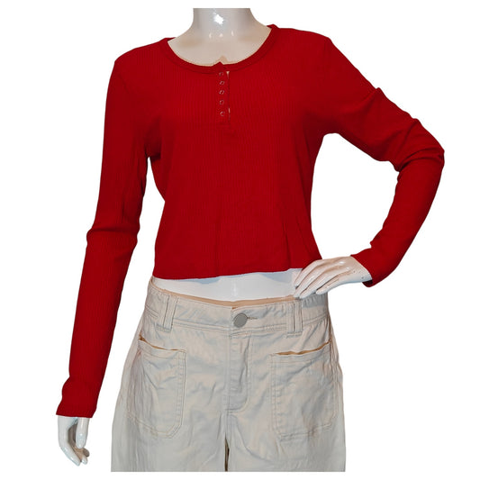 Red Ribbed Long Sleeve Henley
