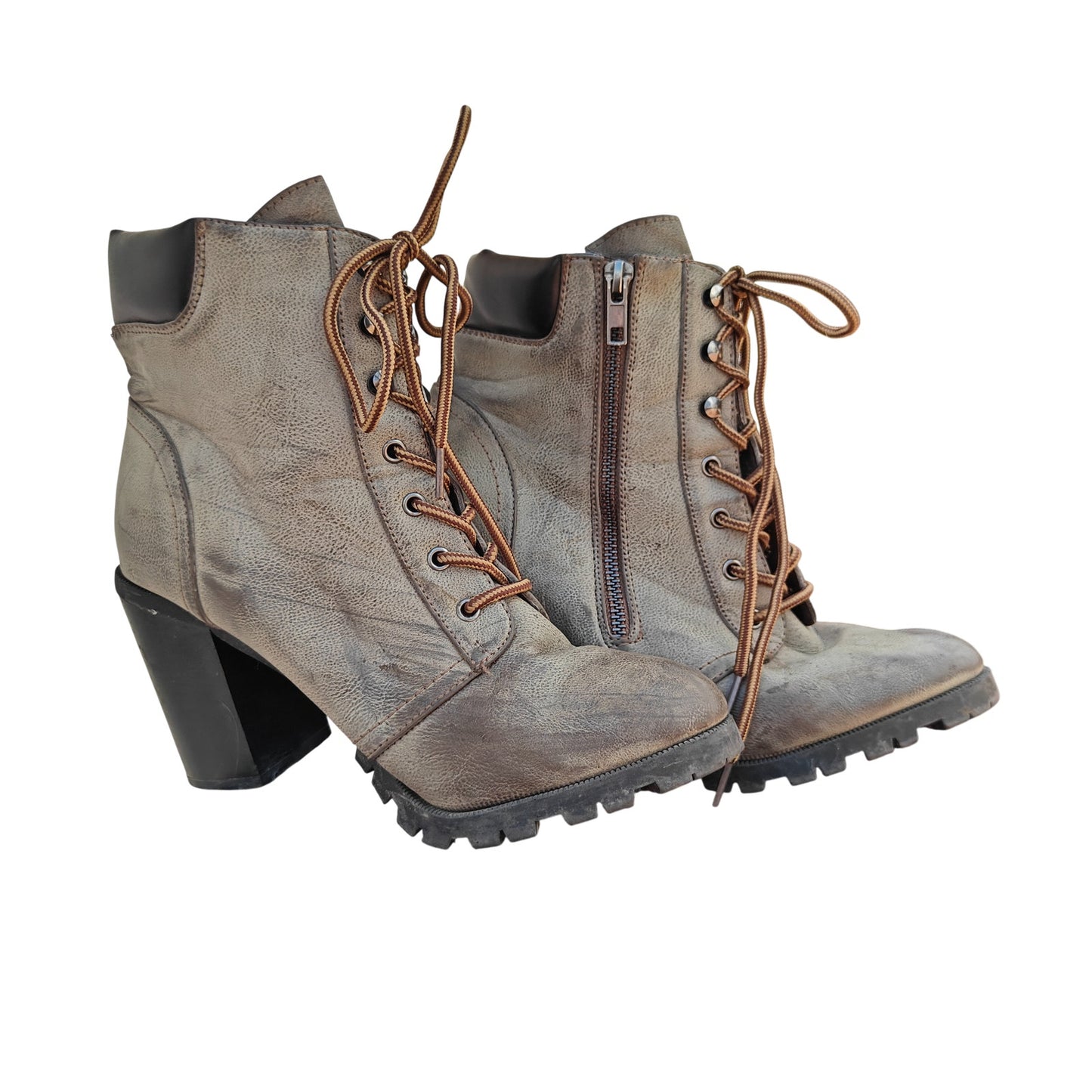 Gray/Brown Lace-Up Chunky Heel Boots