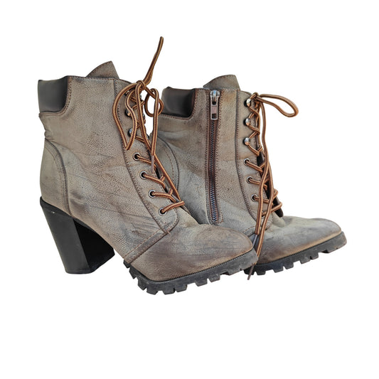 Gray/Brown Lace-Up Chunky Heel Boots