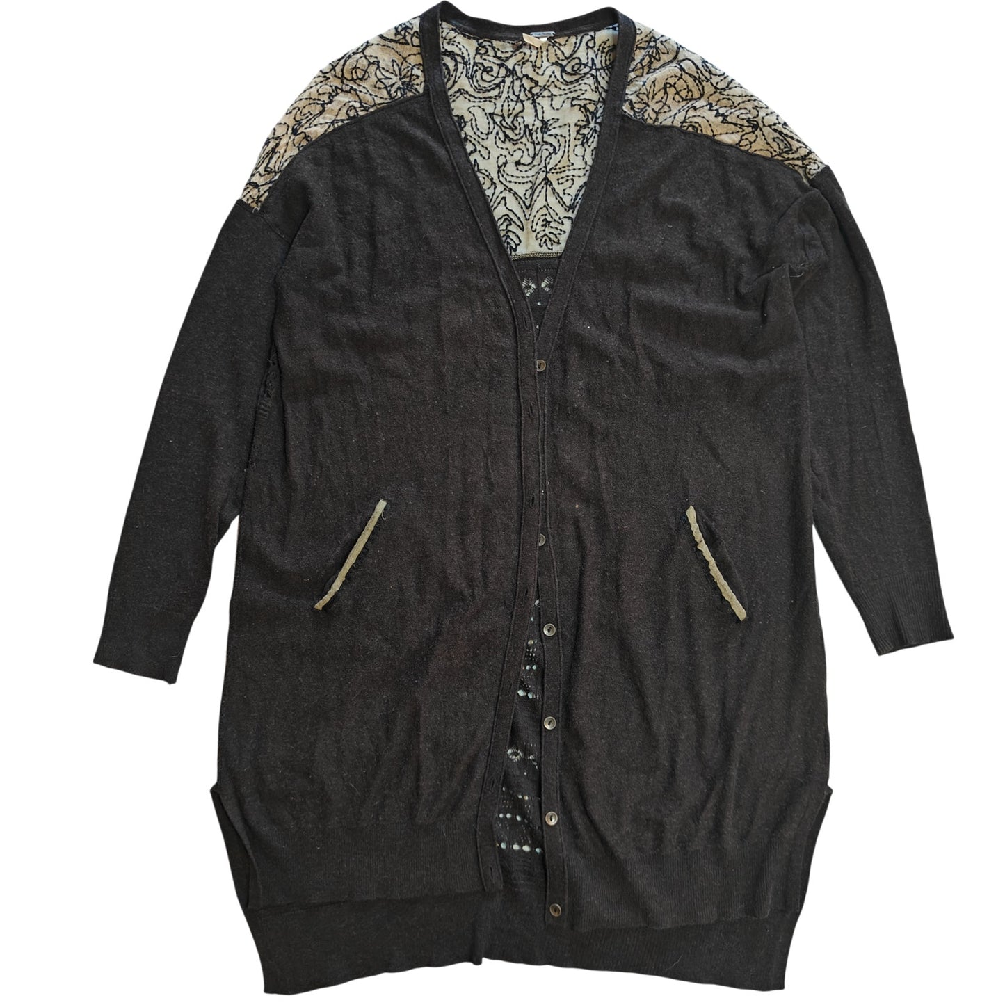 Charcoal Cardigan with Embroidered Sheer Back