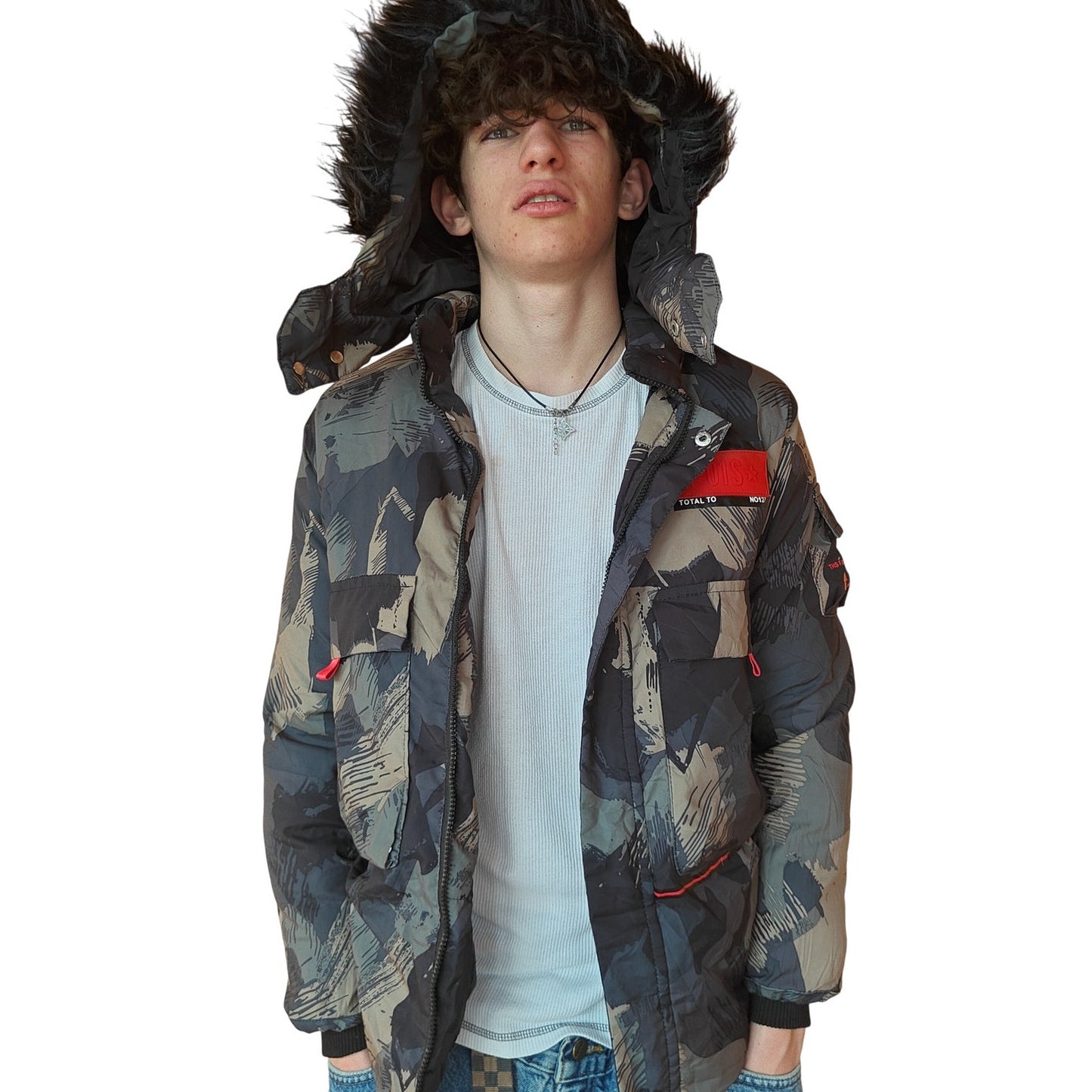 Green and Brown Abstract Camo Puffer Jacket