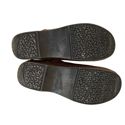 Brown Tooled Leather Clogs With Floral Detail