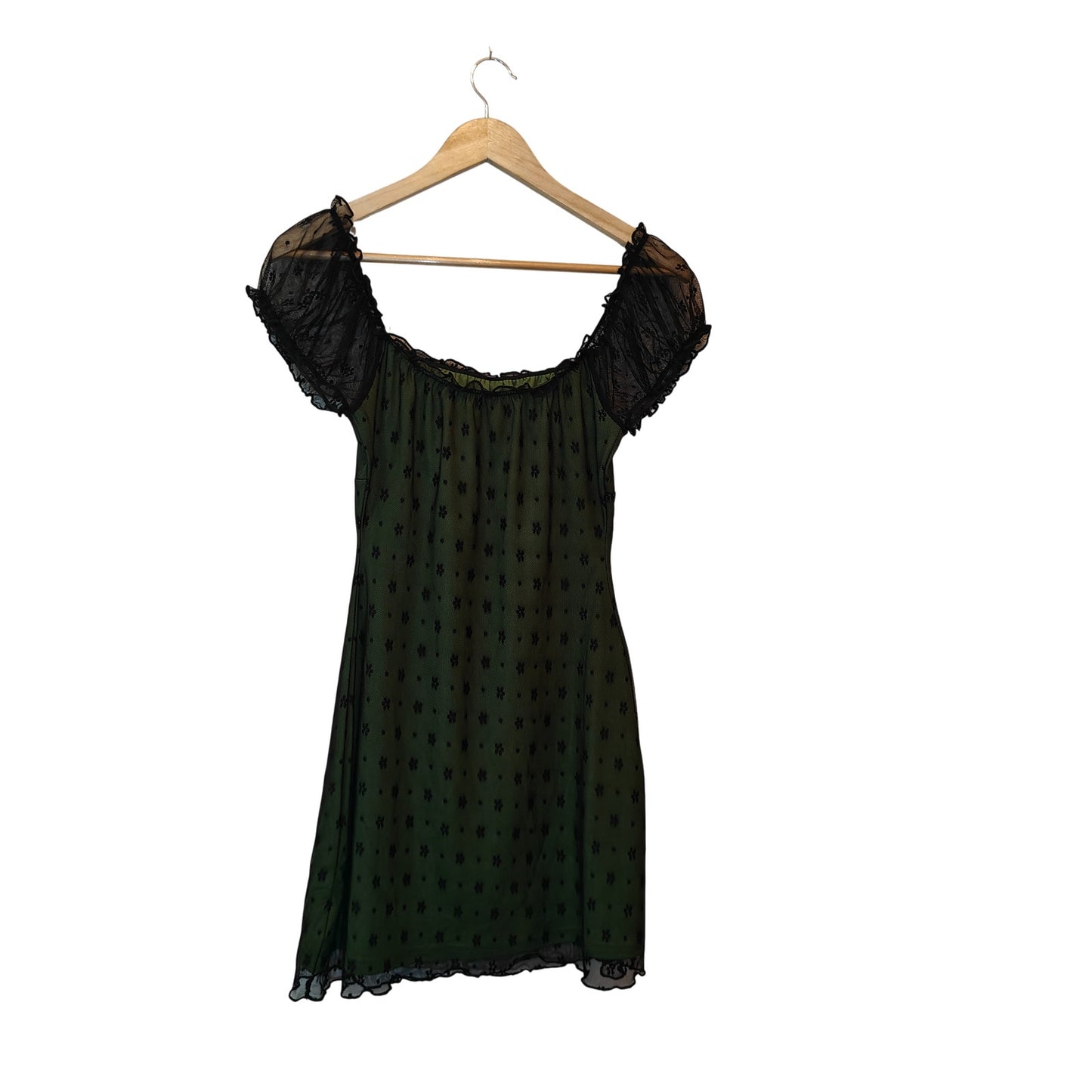 Green Mesh Mini Dress with Black Lace Overlay