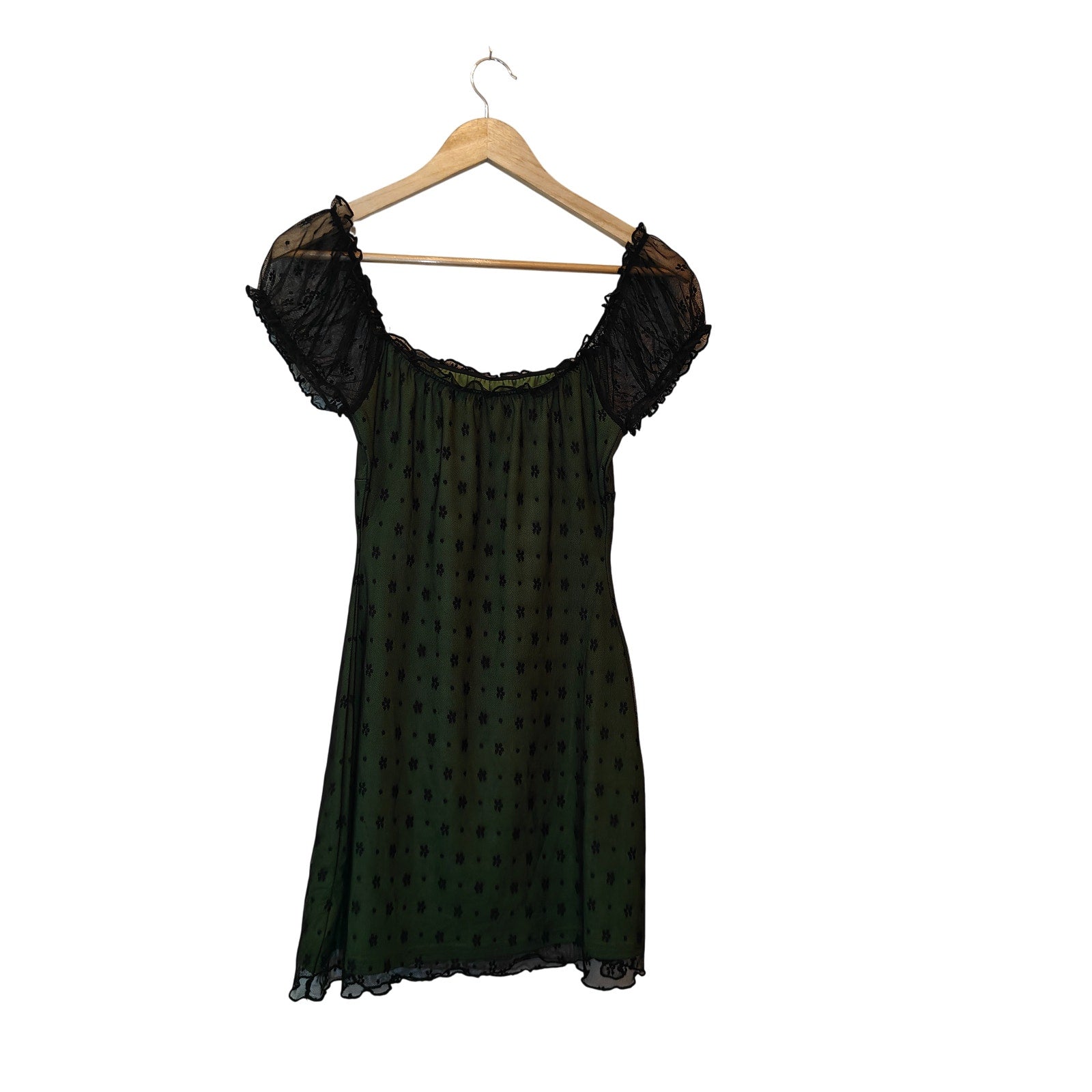 Green Mesh Mini Dress with Black Lace Overlay