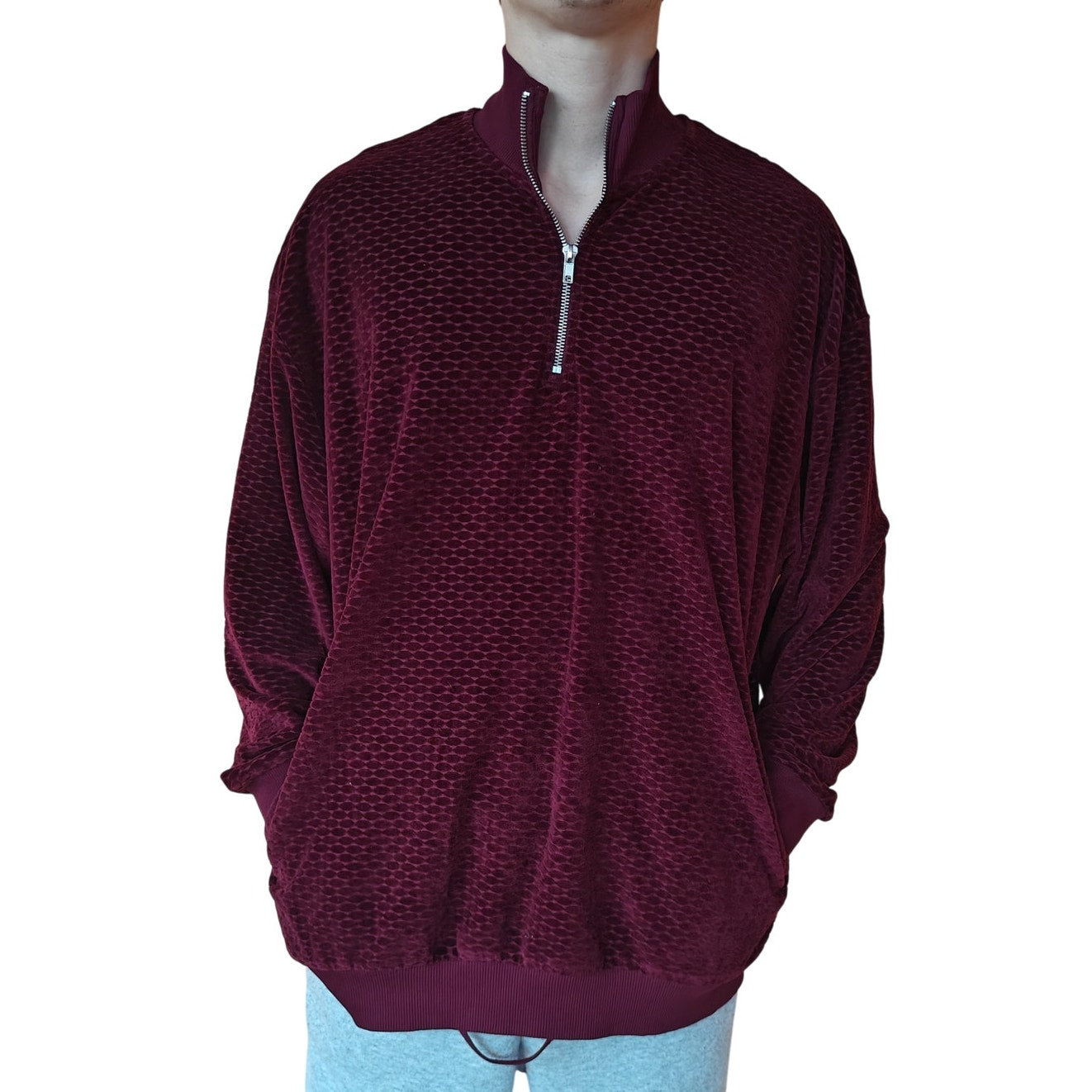 Burgundy Velour Half Zip Pullover Sweatshirt