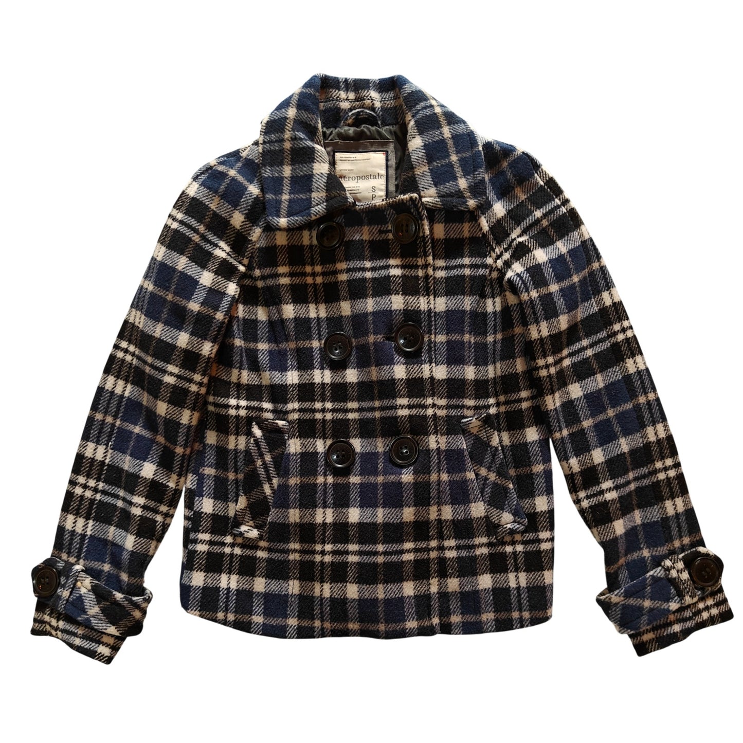 Navy/Black/Cream Plaid Peacoat