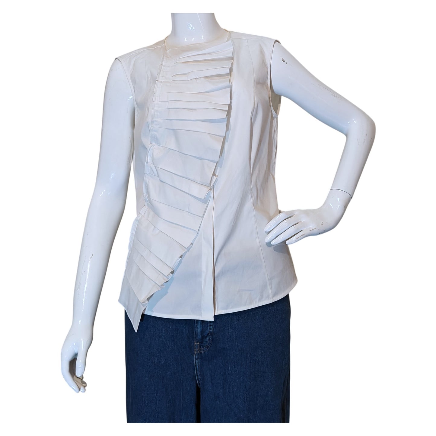 White Ruffle Pleated Sleeveless Blouse
