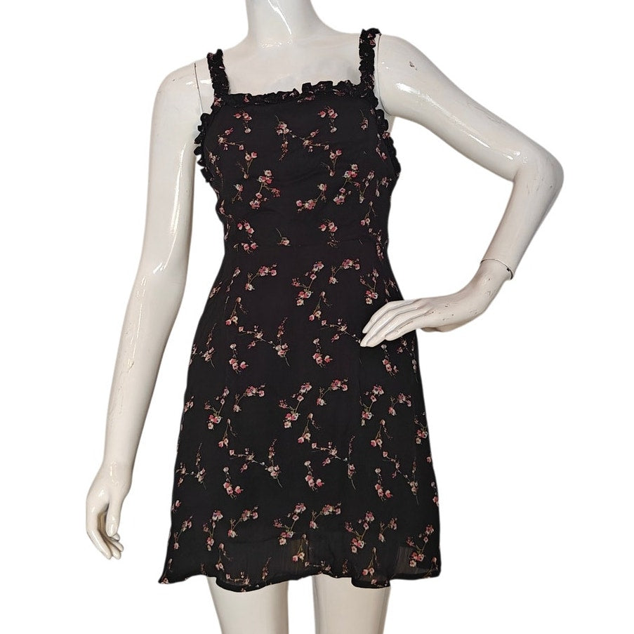 Lulus Black Floral Mini Dress Ruffle Trim Strappy Fit Flare XS