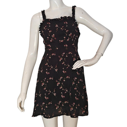 Lulus Black Floral Mini Dress Ruffle Trim Strappy Fit Flare XS