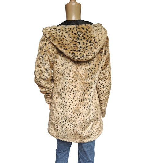 Faux Fur Leopard Print Hooded Coat