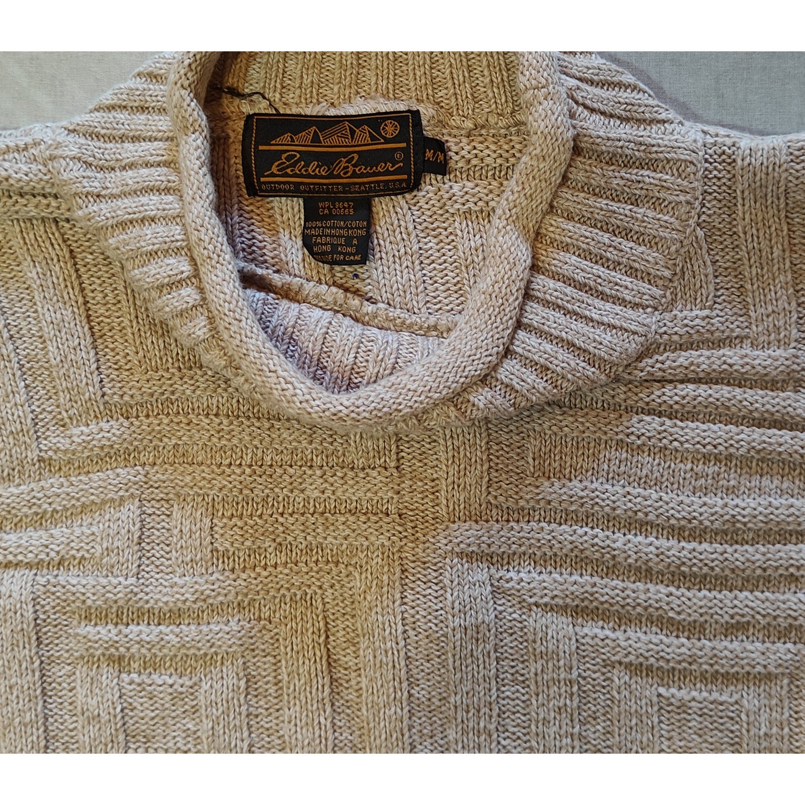 Beige Geometric Textured Cotton Knit Sweater
