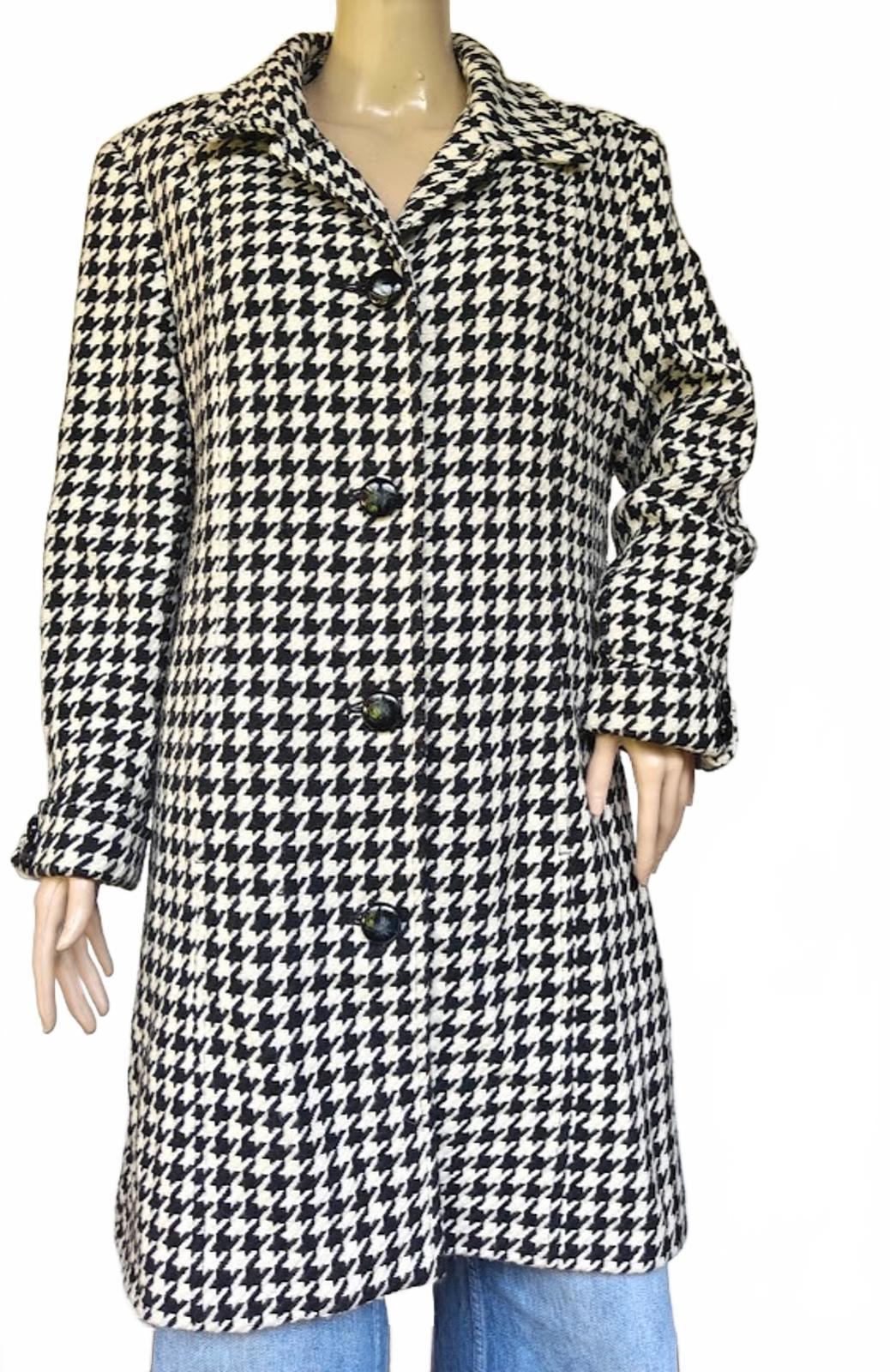 Black and White Houndstooth Wool Coat