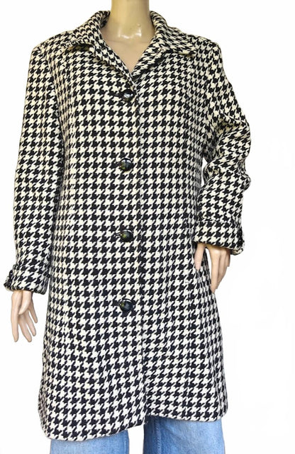 Black and White Houndstooth Wool Coat