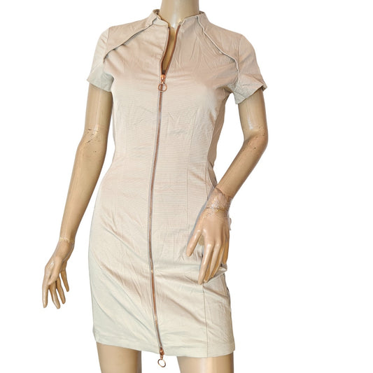 Nude Zip Front Bodycon Dress With Open Back