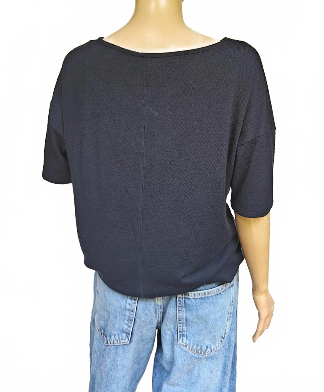 Navy Blue Draped Neck Short Sleeve Top