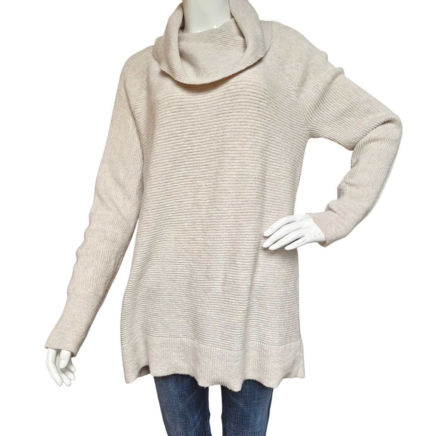 Oatmeal Cowl Neck Ribbed Tunic Sweater