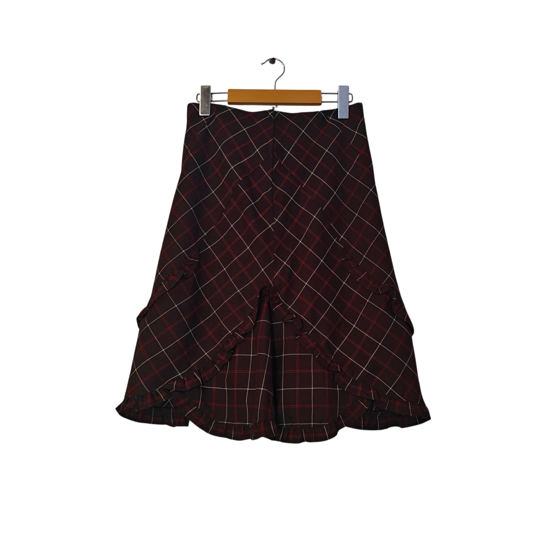 Elbonny Plaid Ruffle Midi Skirt Brown Red Windowpane Flounce Hem Size 64 Japan