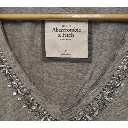 Gray Beaded V-Neck Embellished Tee