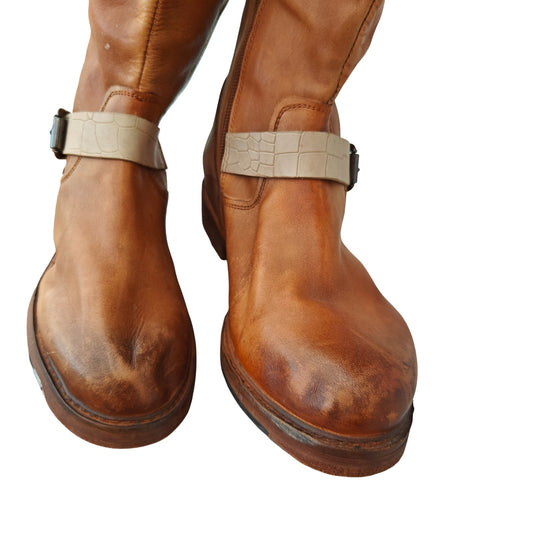 Tan Leather Riding Boots With Sherpa Cuff