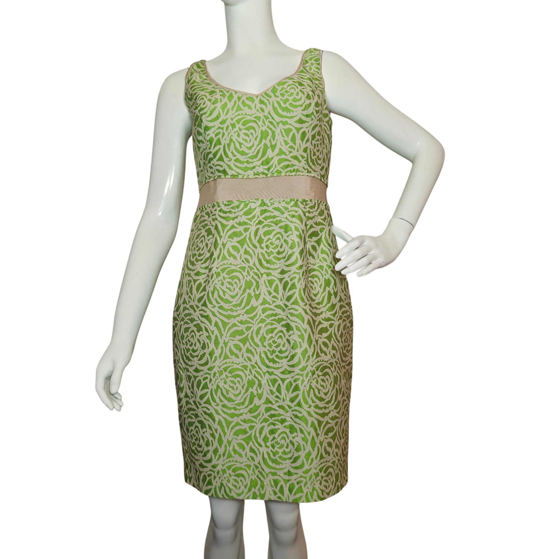 Maggy London Green Floral Jacquard Sheath Dress Ribbon Waist Size 6