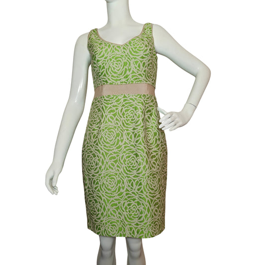 Maggy London Green Floral Jacquard Sheath Dress Ribbon Waist Size 6