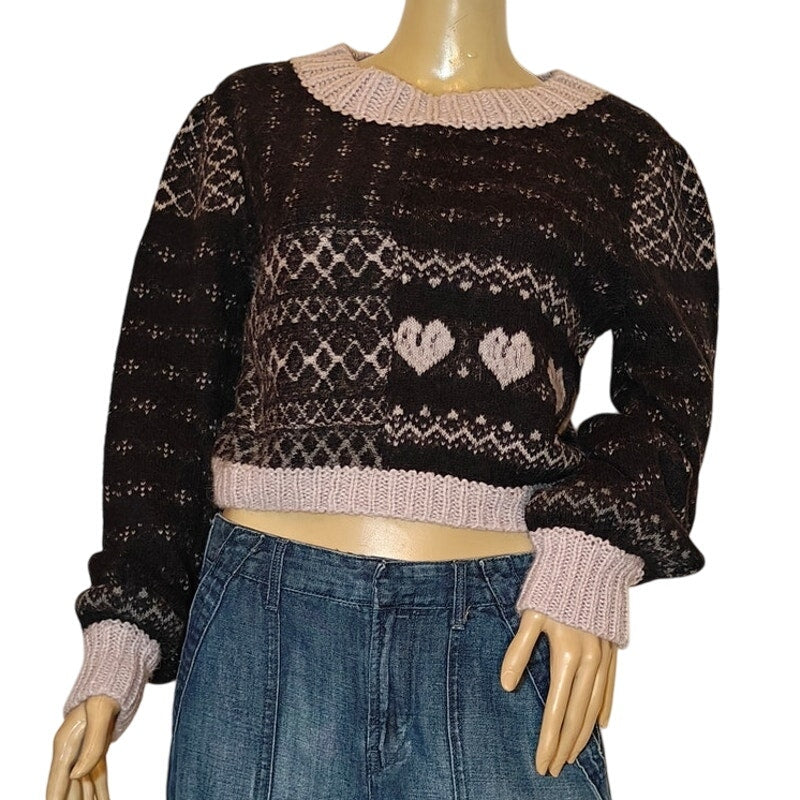 Navy and Lavender Cropped Fair Isle Sweater