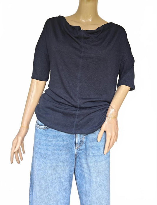 Navy Blue Draped Neck Short Sleeve Top