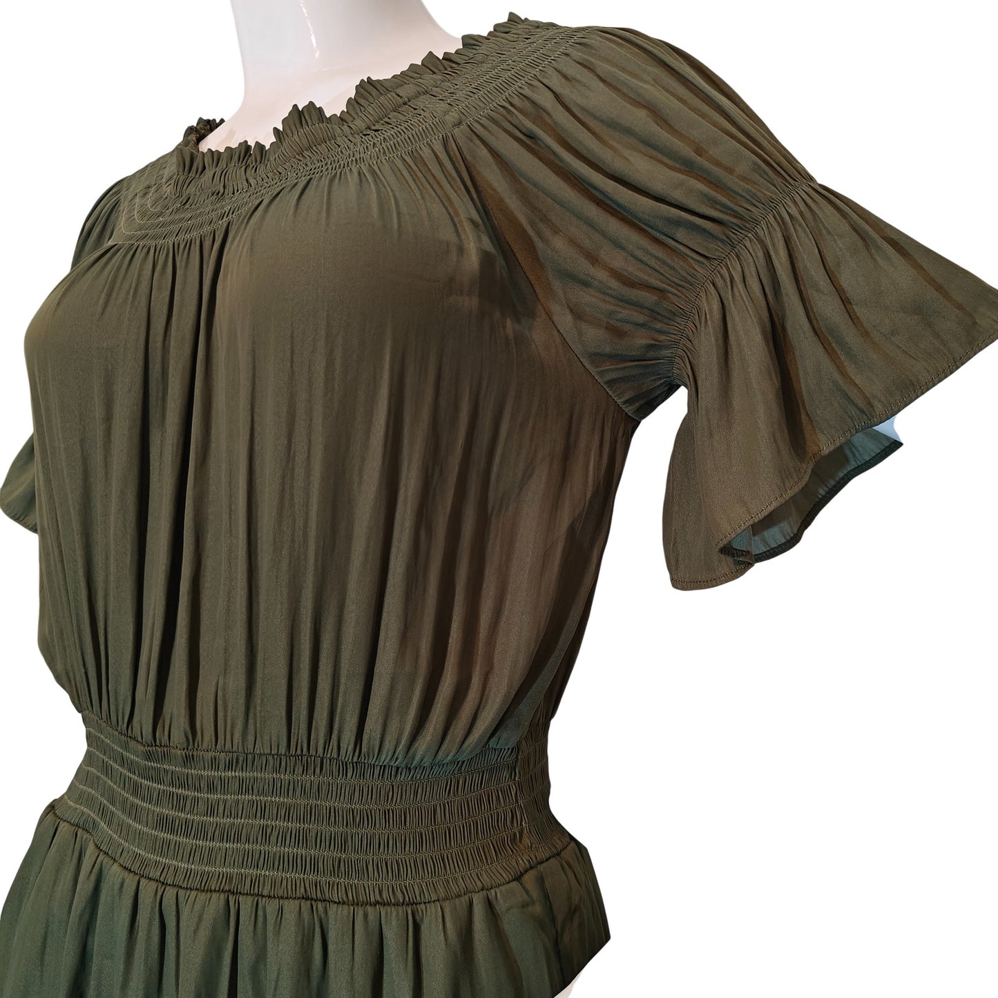 Olive Green Smocked Flutter Sleeve Mini Dress
