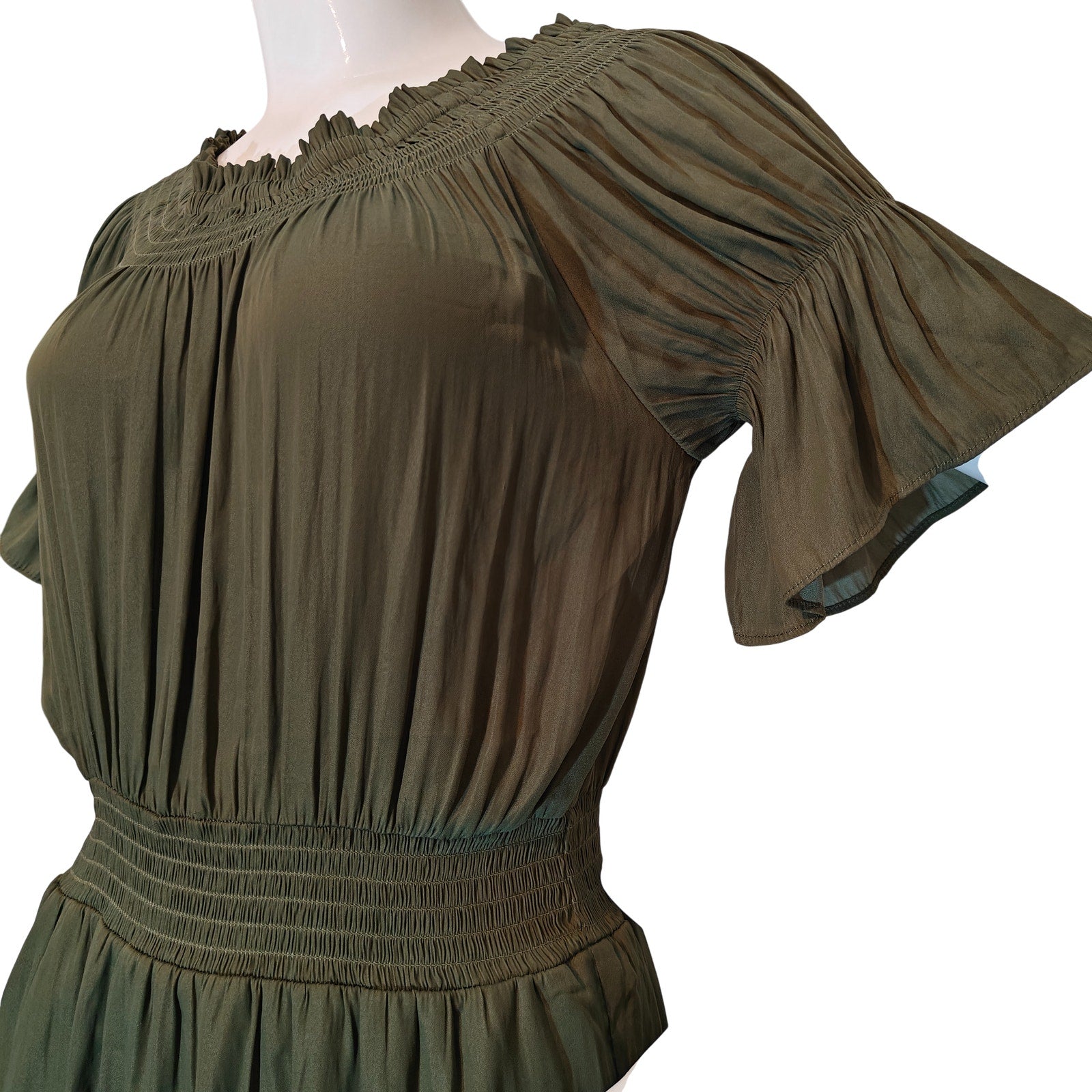 Olive Green Smocked Flutter Sleeve Mini Dress
