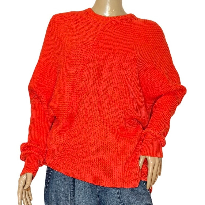 Bright Orange Slouchy Ribbed Knit Sweater