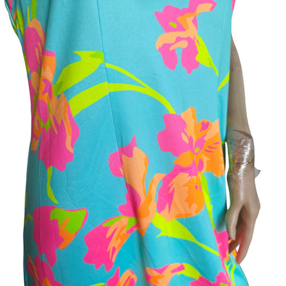 Turquoise and Pink Floral Sleeveless Shift Dress