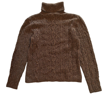 Brown Cable Knit Wool Turtleneck Sweater