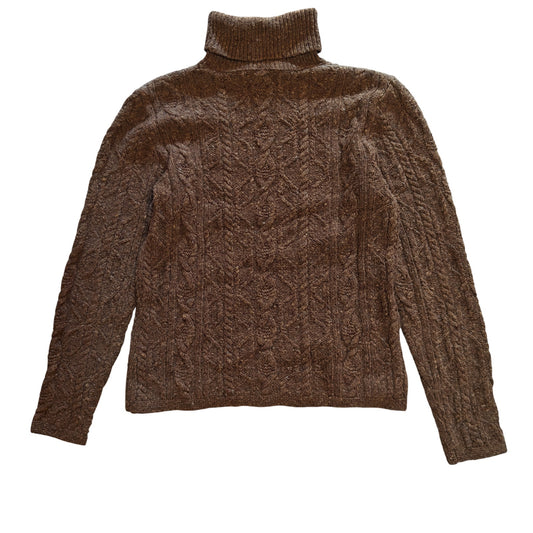 Brown Cable Knit Wool Turtleneck Sweater