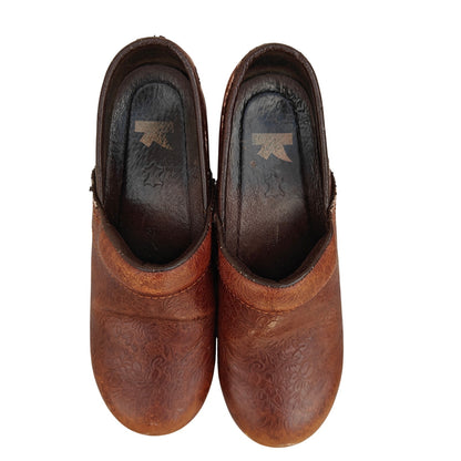 Brown Tooled Leather Clogs With Floral Detail
